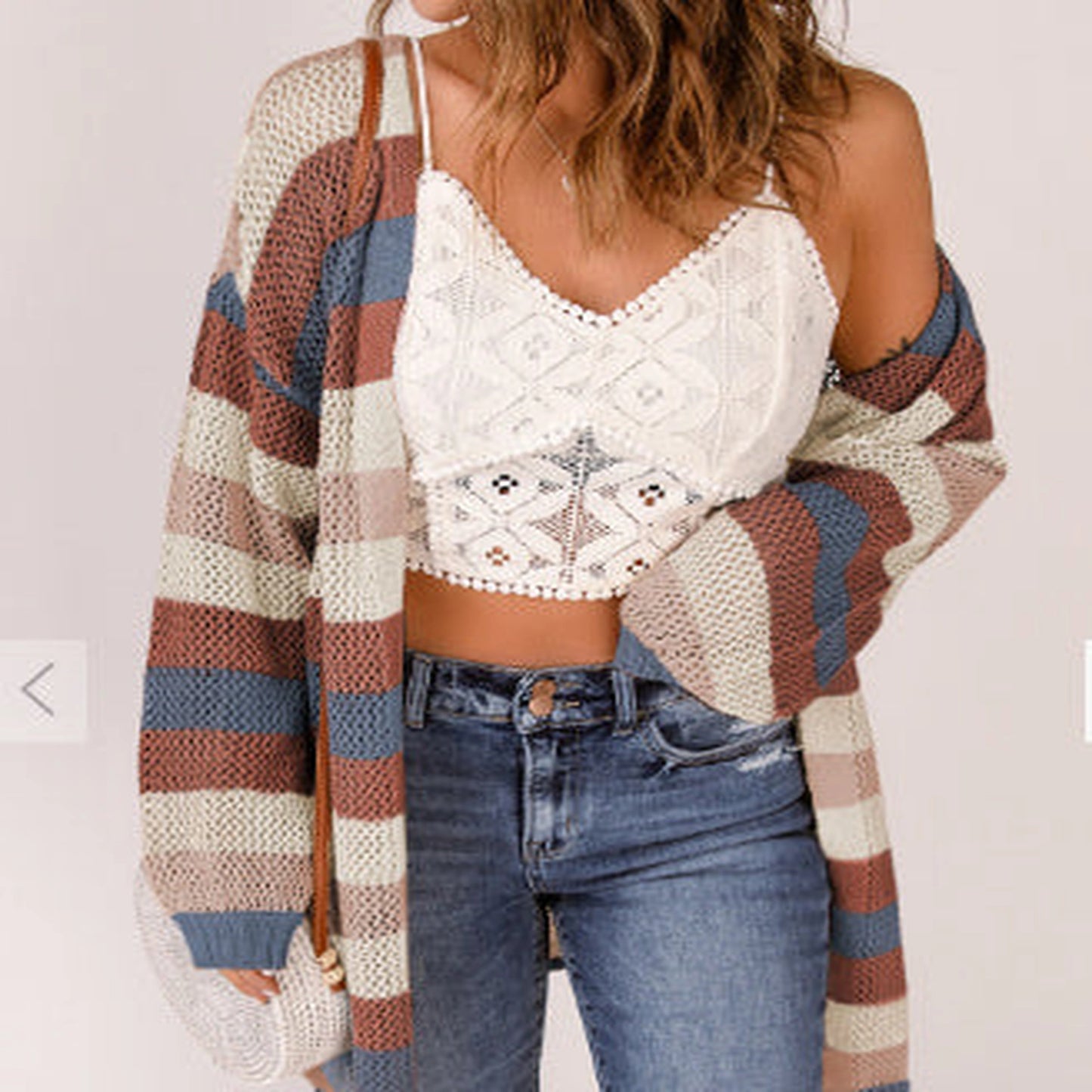 Blue Striped Color Block Hollowed Knit Cardigan