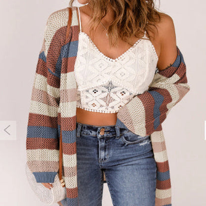 Blue Striped Color Block Hollowed Knit Cardigan