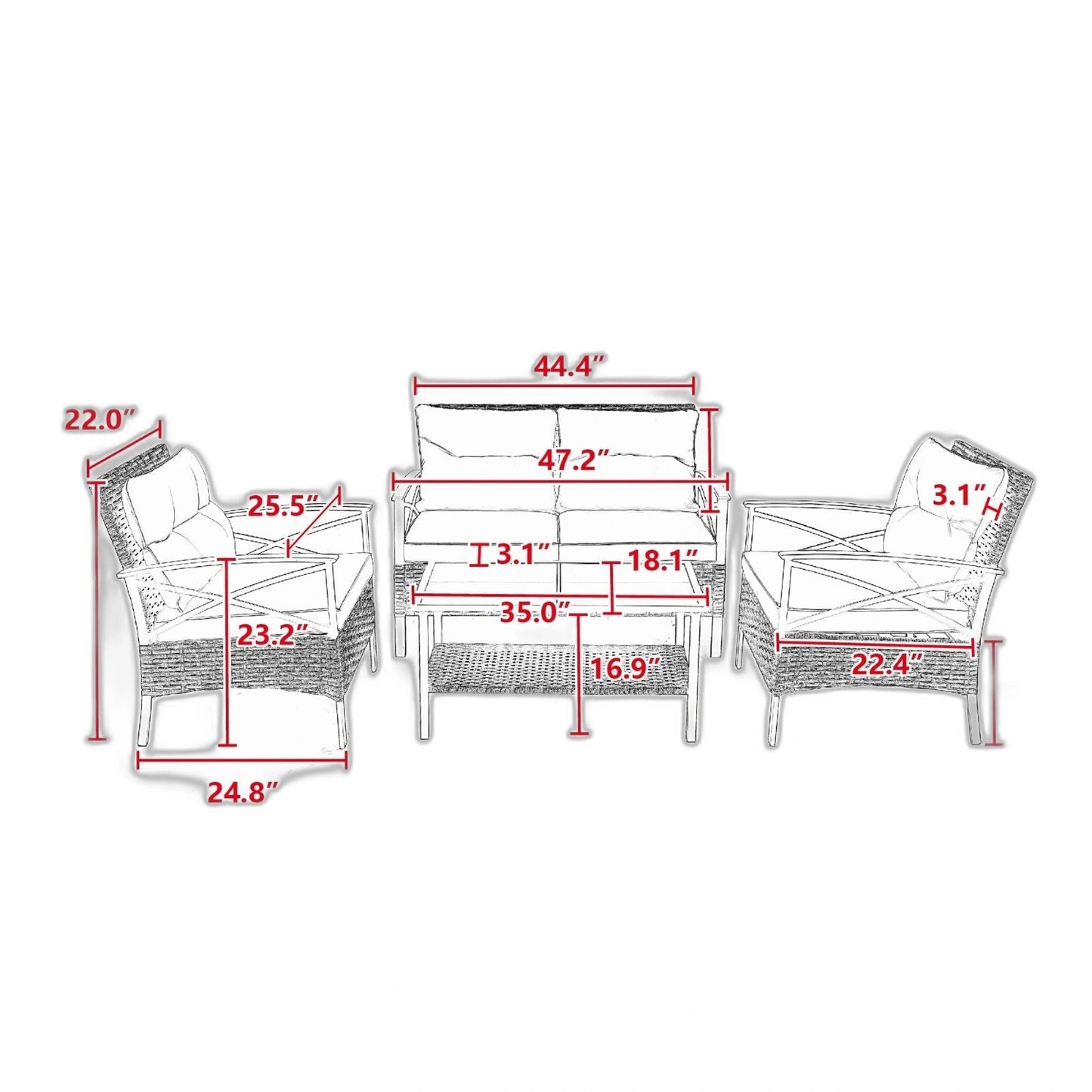 4-Piece Patio Sectional Low Dining Sofa Set - KD Rattan Wicker Outdoor Furniture