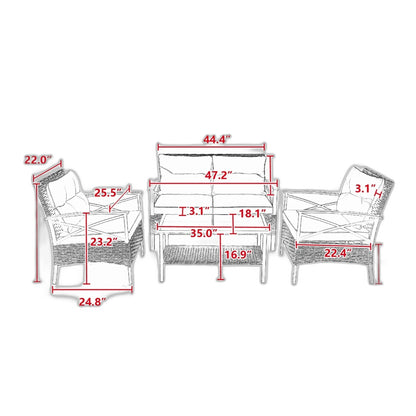 4-Piece Patio Sectional Low Dining Sofa Set - KD Rattan Wicker Outdoor Furniture