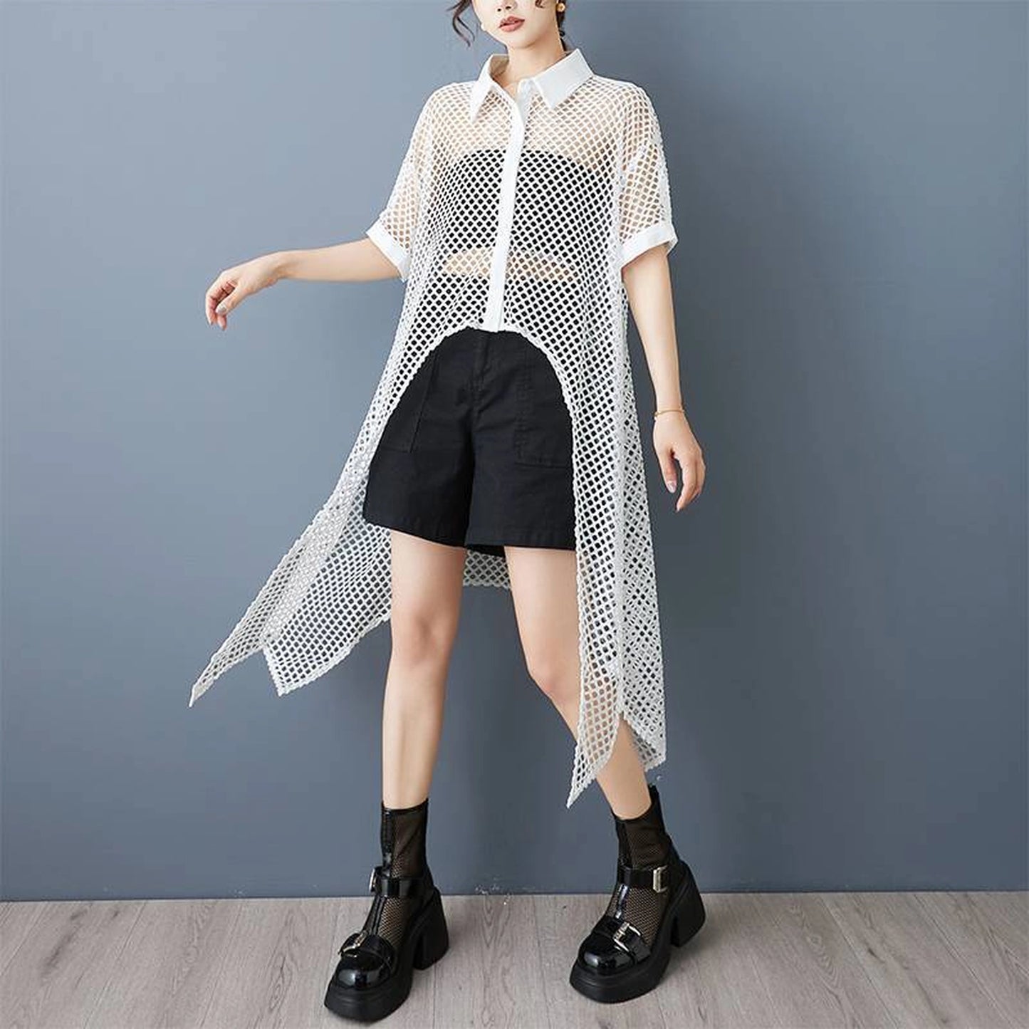 Niche Design Front Short Back Long Mesh Shirt See-through Hollow Dress