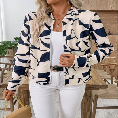 ROSE Women's Casual Tropical Palm Leaf Print Zip-Up Jacket