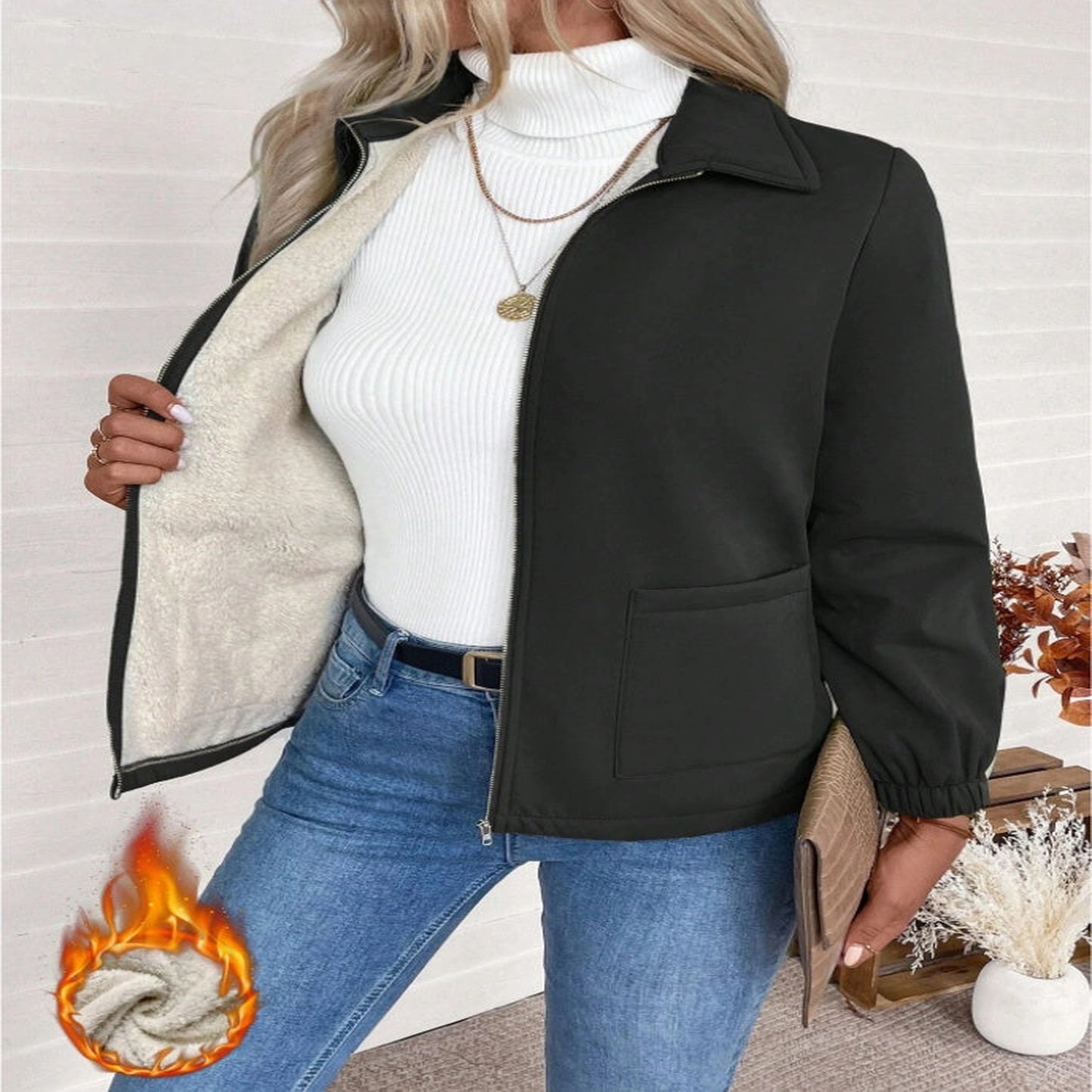 Casual Solid Color Zipper Fleece Jacket, Autumn Winter