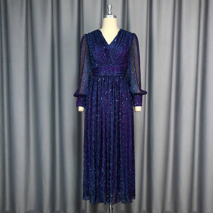 Sexy V-neck Sequined Long Sleeve Dress Purple Slim Fit