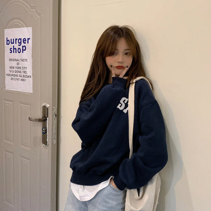 Embroidered Letter Loose Round Neck Long Sleeve Top