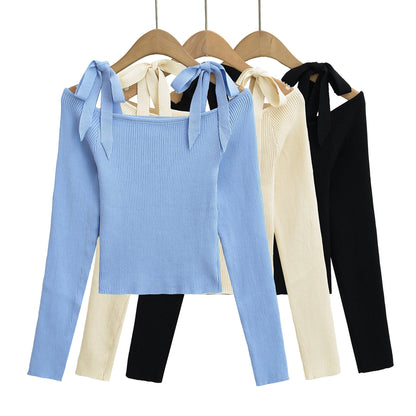 Sexy Strapless Lace-up Short Off-shoulder Knitwear