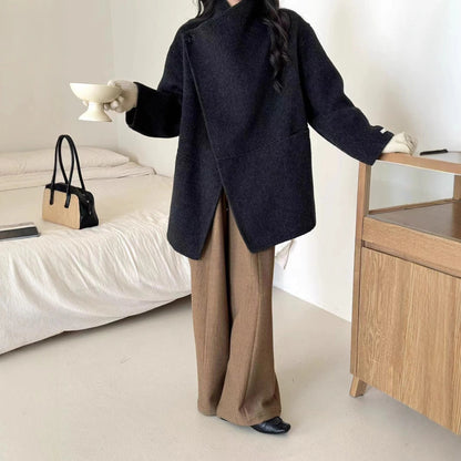 Large Lapel Solid Color One Button Drop-shoulder Sleeve Double-sided Wool Overcoat Coat