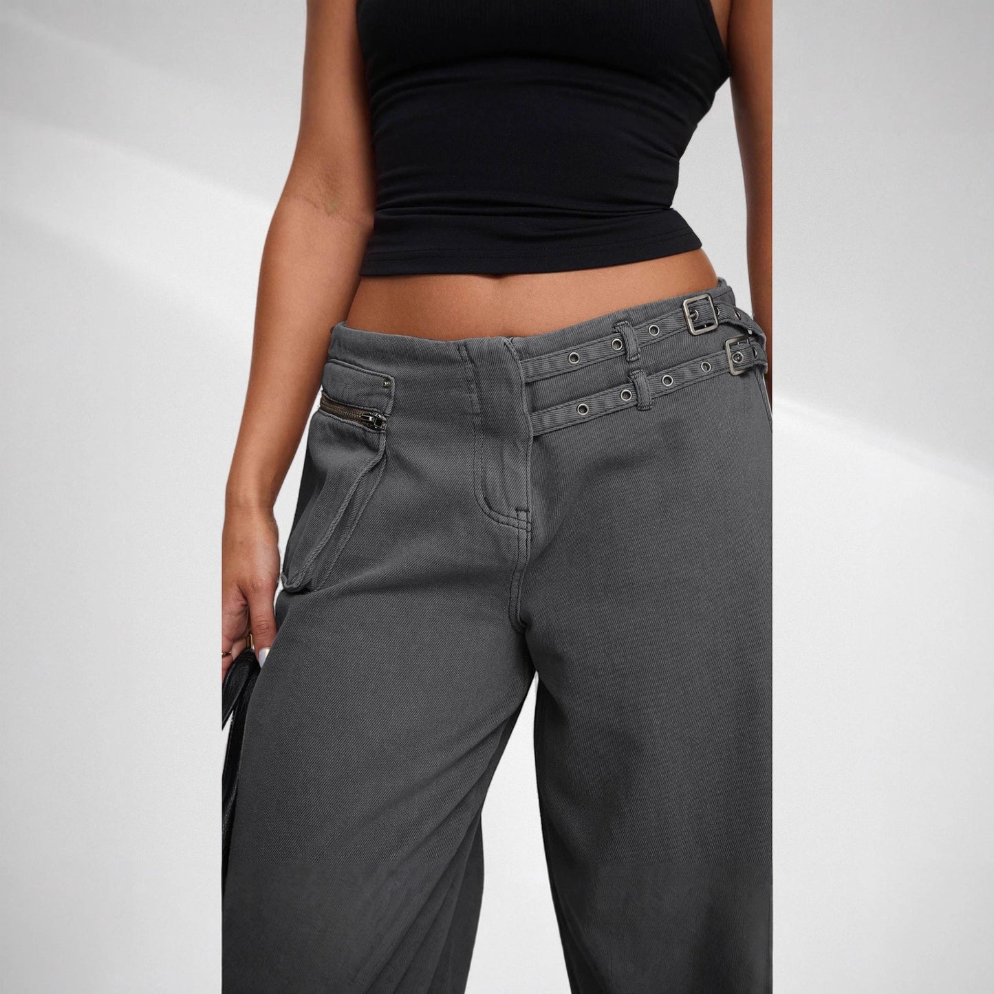 European And American Dark Wide-leg Jeans Personalized Belt Buckle Asymmetric Pocket Drag Sister Out Of The Street