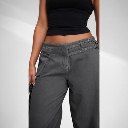 European And American Dark Wide-leg Jeans Personalized Belt Buckle Asymmetric Pocket Drag Sister Out Of The Street
