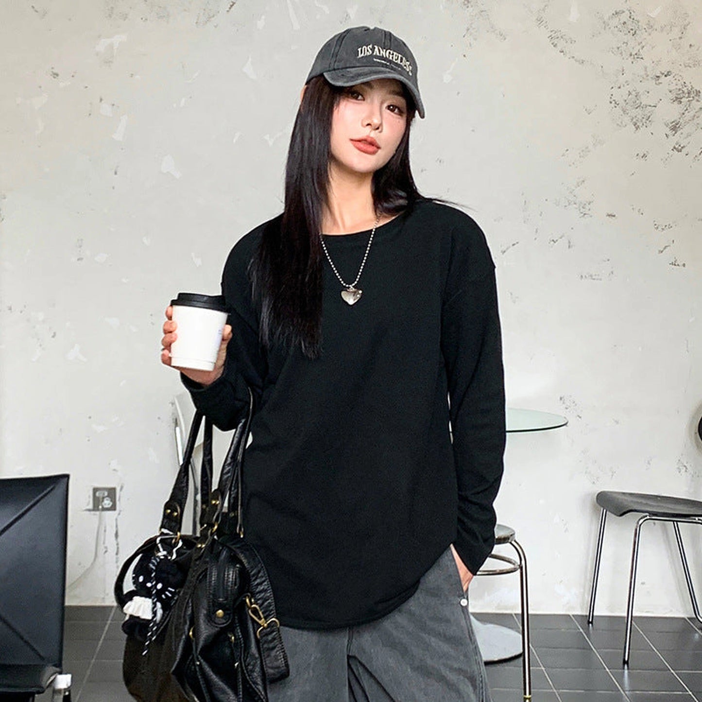 Curved Split Long Sleeve Simple Loose Plus Size Top