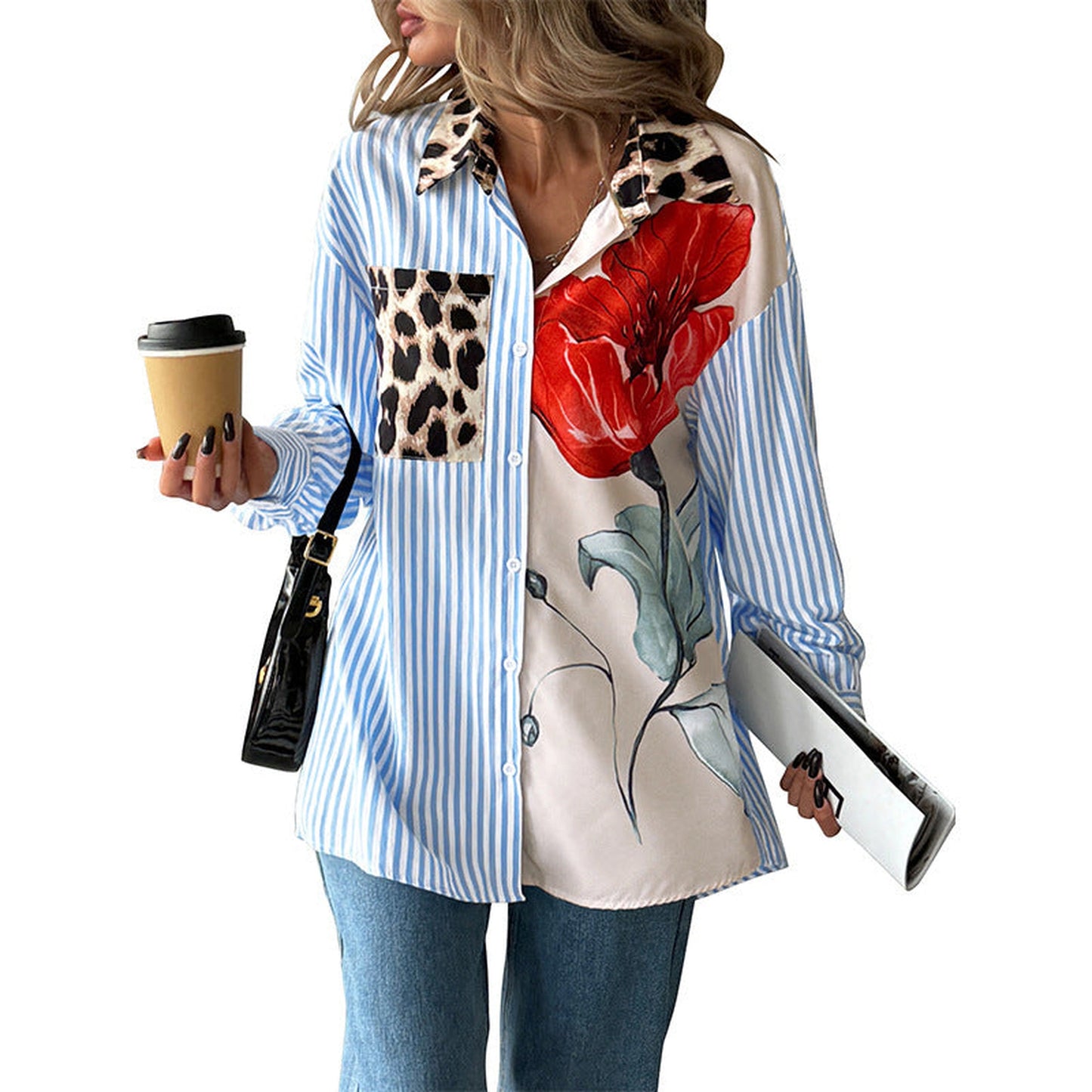 Leisure Vacation Personality Trendy Style Printed Striped Stitching Shirt For Women