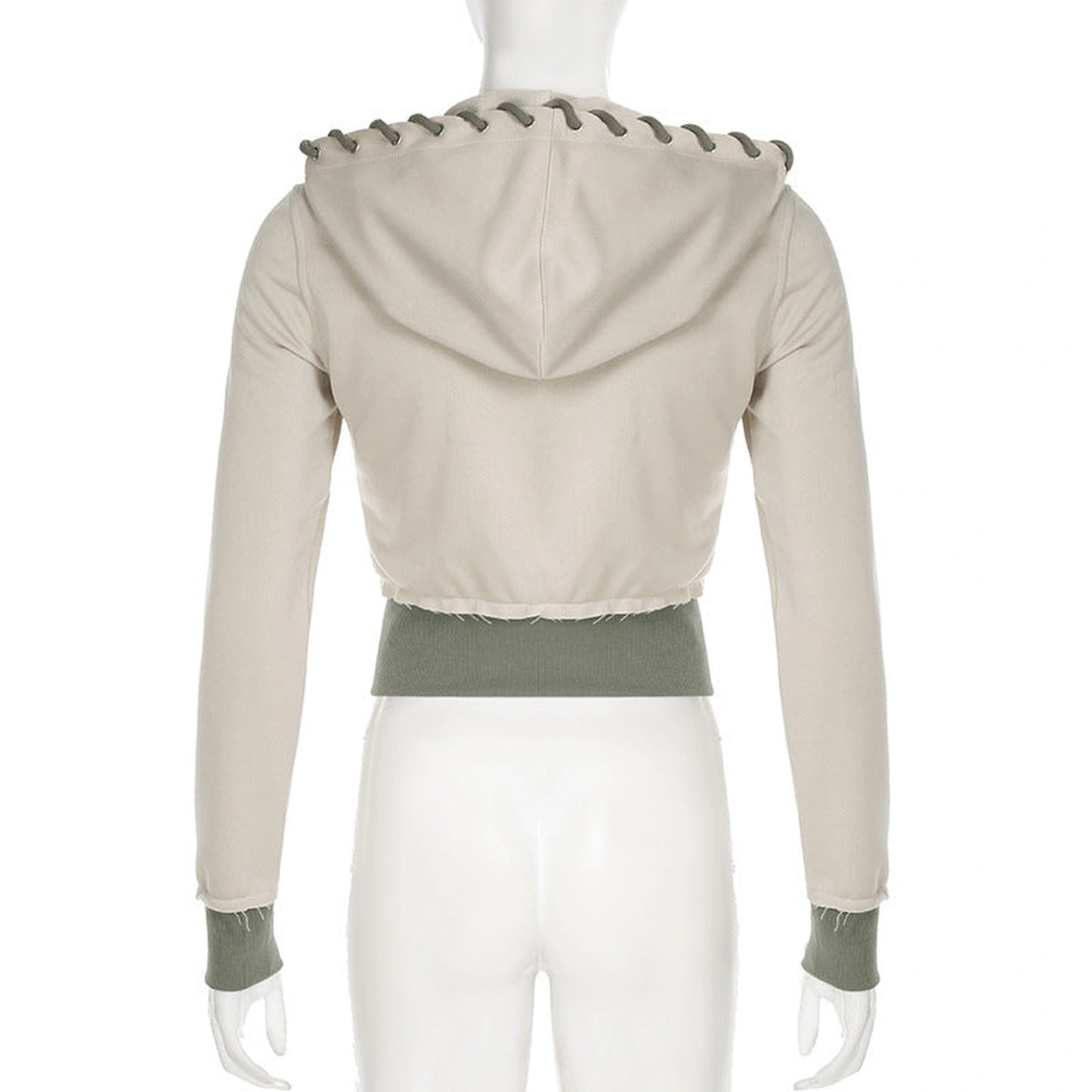 Women's Color-Blocked Zipper Long Sleeve Frayed Design & Pocket Drawstring Hooded Cropped Jacket Spring&Fashion Casual