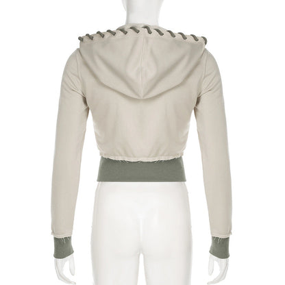 Women's Color-Blocked Zipper Long Sleeve Frayed Design & Pocket Drawstring Hooded Cropped Jacket Spring&Fashion Casual