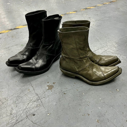 Men's Retro Dark Stitched Patchwork Square Toe Boots