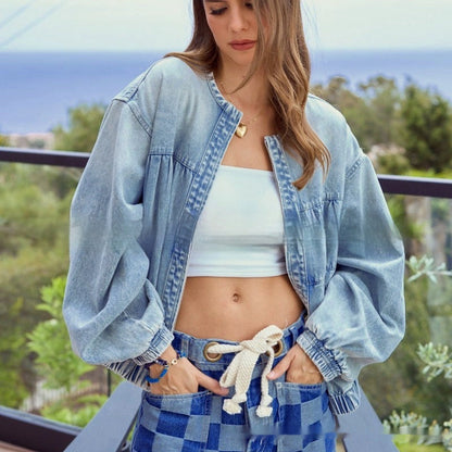 Washed Loose Round Neck Zipper Light Blue European And American Denim Jacket