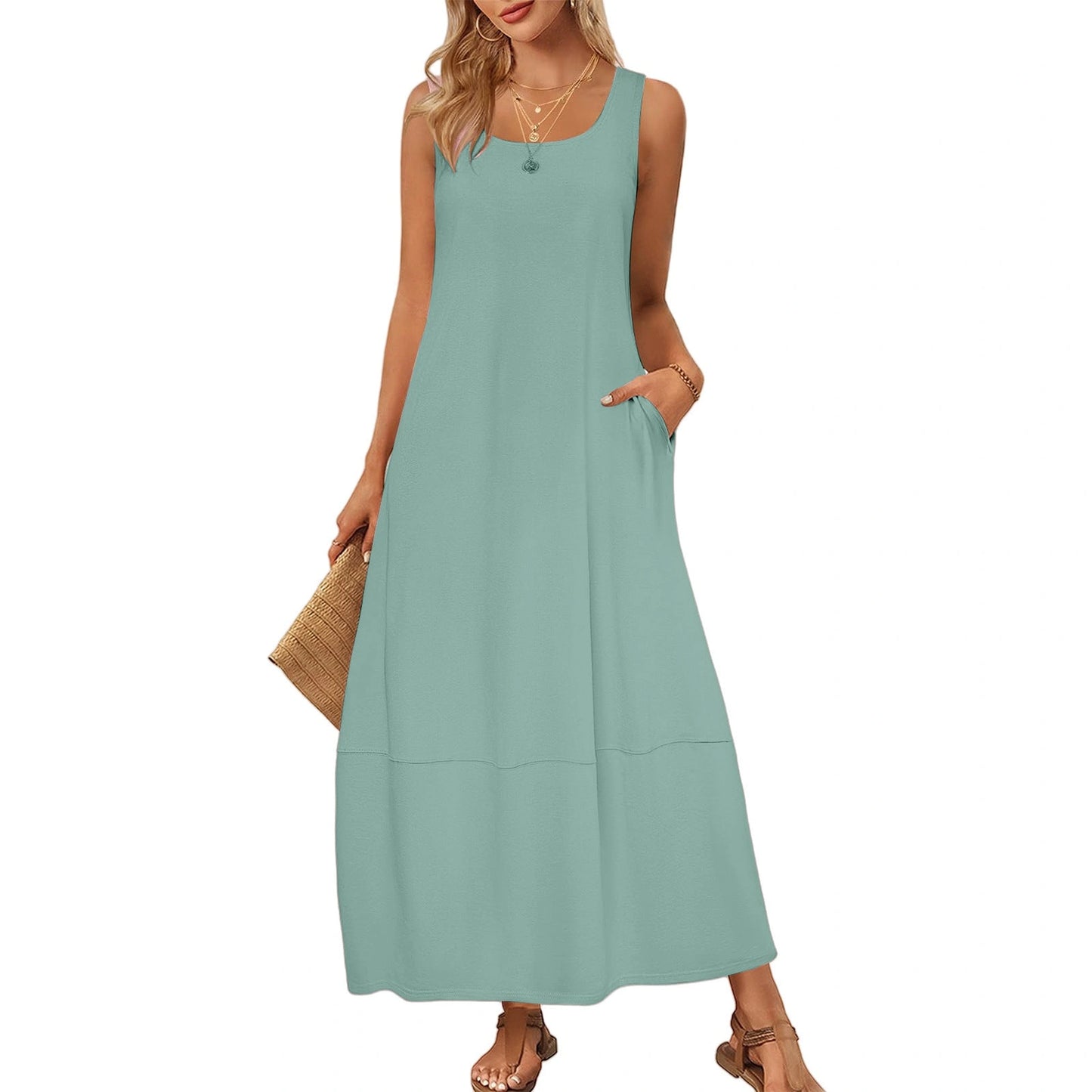 Solid Color Pocket Sleeveless Casual Holiday Dress