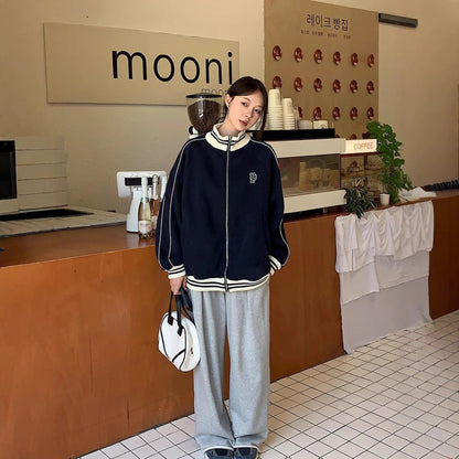Contrast Color Striped Stand Collar Loose Preppy Style Leisure Sports Sweater Coat