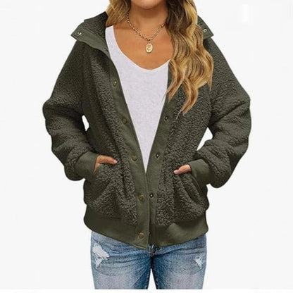 Cardigan Coat Thickened Fleece Pocket Pure Color Warm Keeping Coat For Women