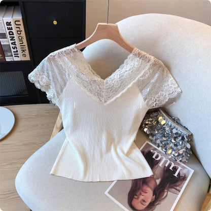 Exquisite Rhinestone Lace V-neck Knitted Women's Flounced Sleeve Top